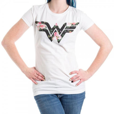 DC Comics Wonder Woman Floral Logo Juniors White T-Shirt