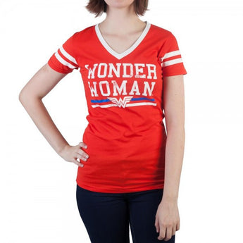 DC Comics Wonder Woman Text Logo Varsity V-Neck T-Shirt