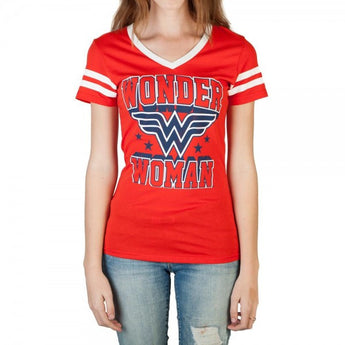 DC Comics Wonder Woman Blue Logo Varsity V-Neck T-Shirt