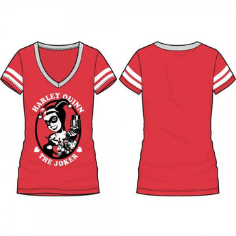 Batman Harley Quinn Red Varsity V-Neck T-Shirt