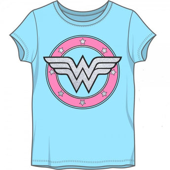 DC Comics Wonder Woman Girls Sugar Glitter Logo Light Blue Tee