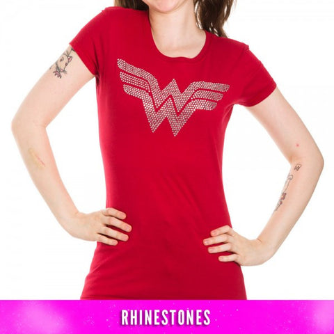 DC Comics Silver Rhinestone Logo Juniors Red T-Shirt