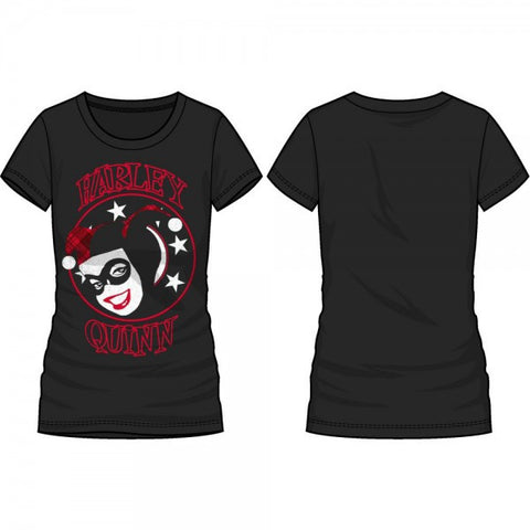 DC Comics Harley Quinn Face with Stars Black Tee